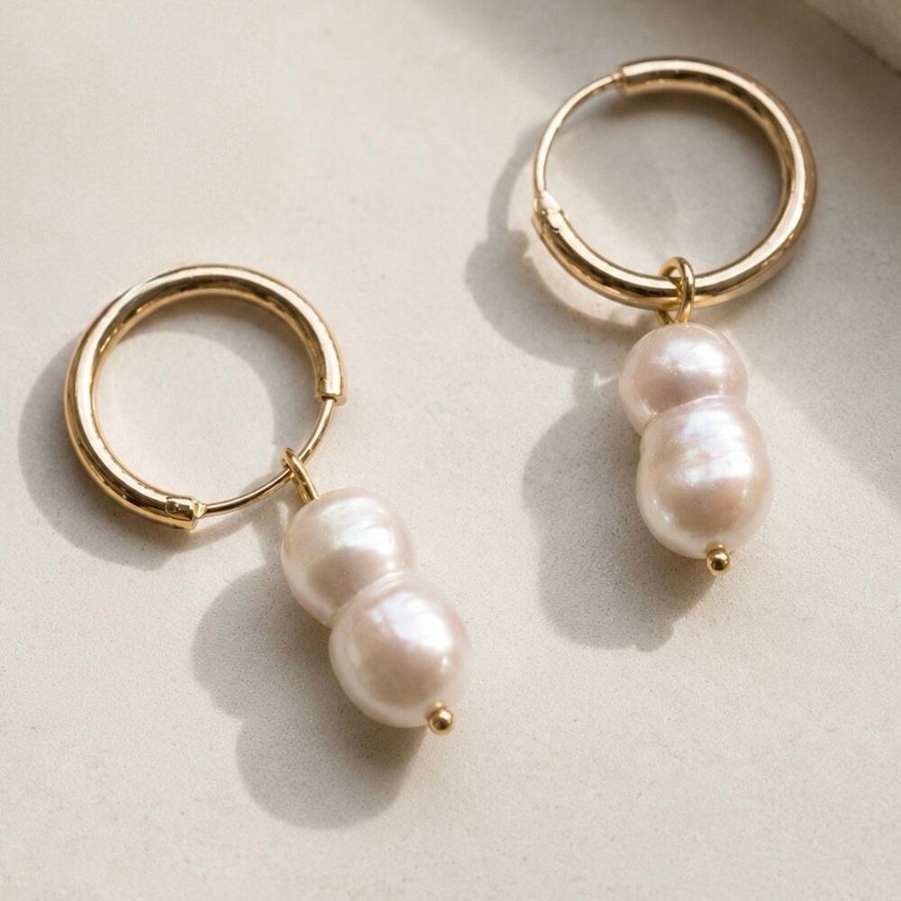 Twin Pearl Hoop Earrings Genuine Cultured Pearls, Gold Plated